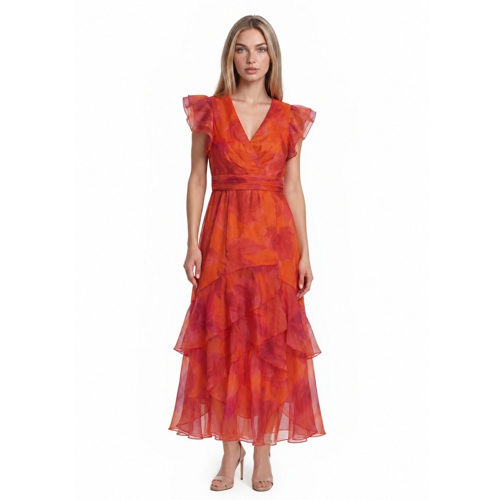 Xscape Maxi Dress Women's Size 10 Orange Floral Ruffle Tiered Tropical Feminine